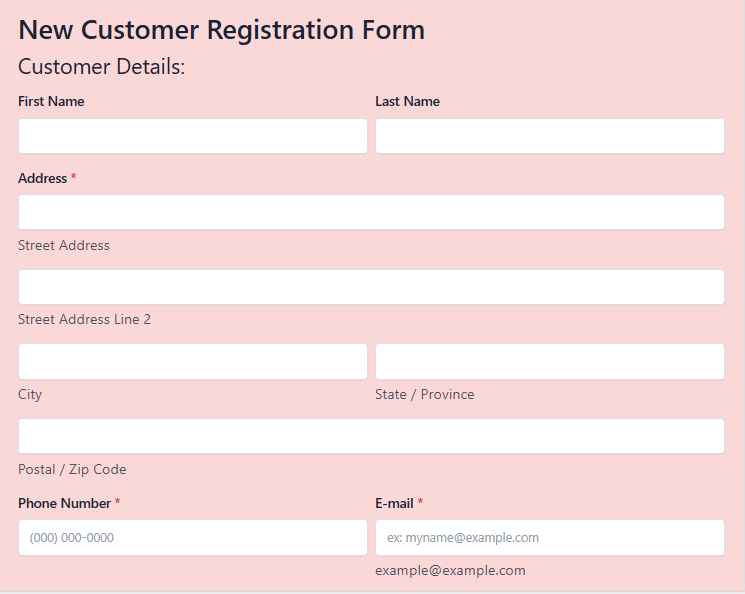 new customer registration form