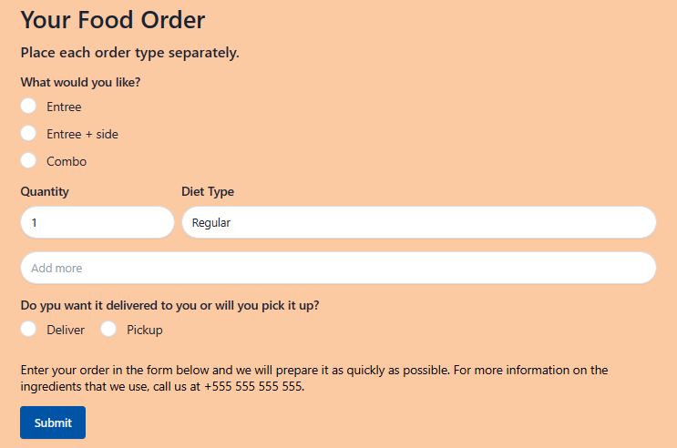 Online food order form template